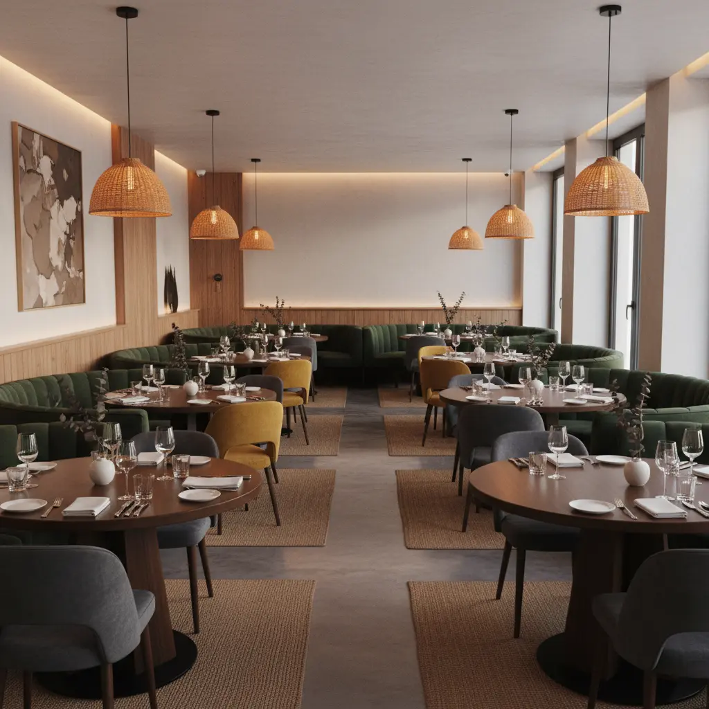 Modern restaurant interior with group seating